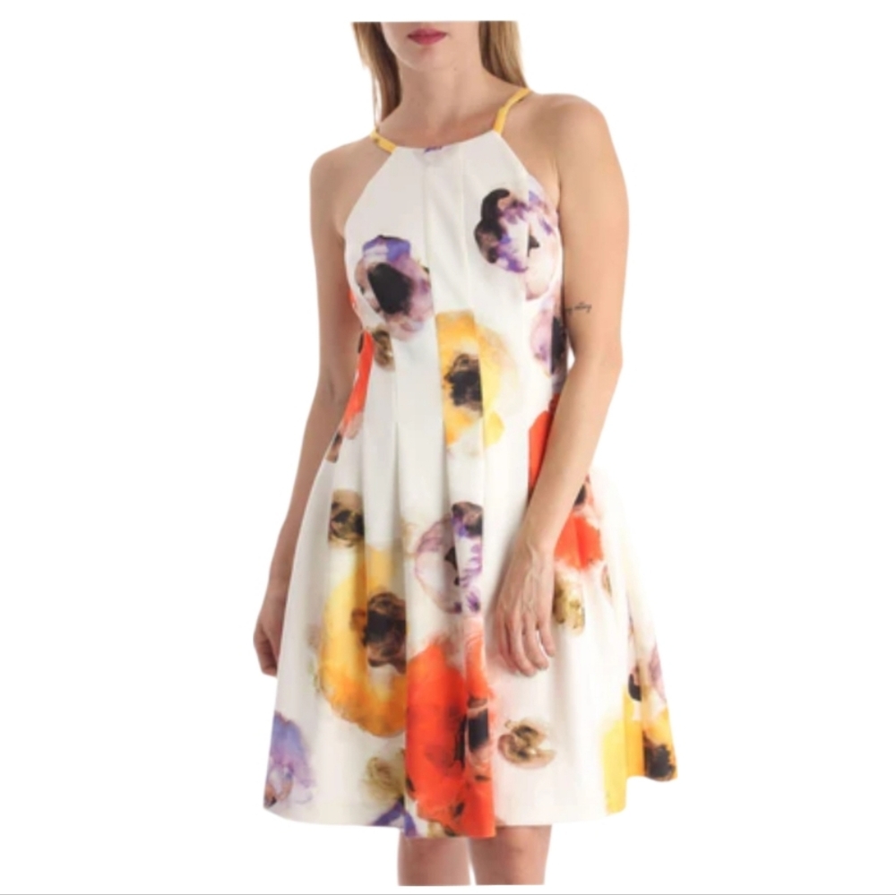 Vince Camuto White Orange Yellow‎ Floral Halter Dress Size 8